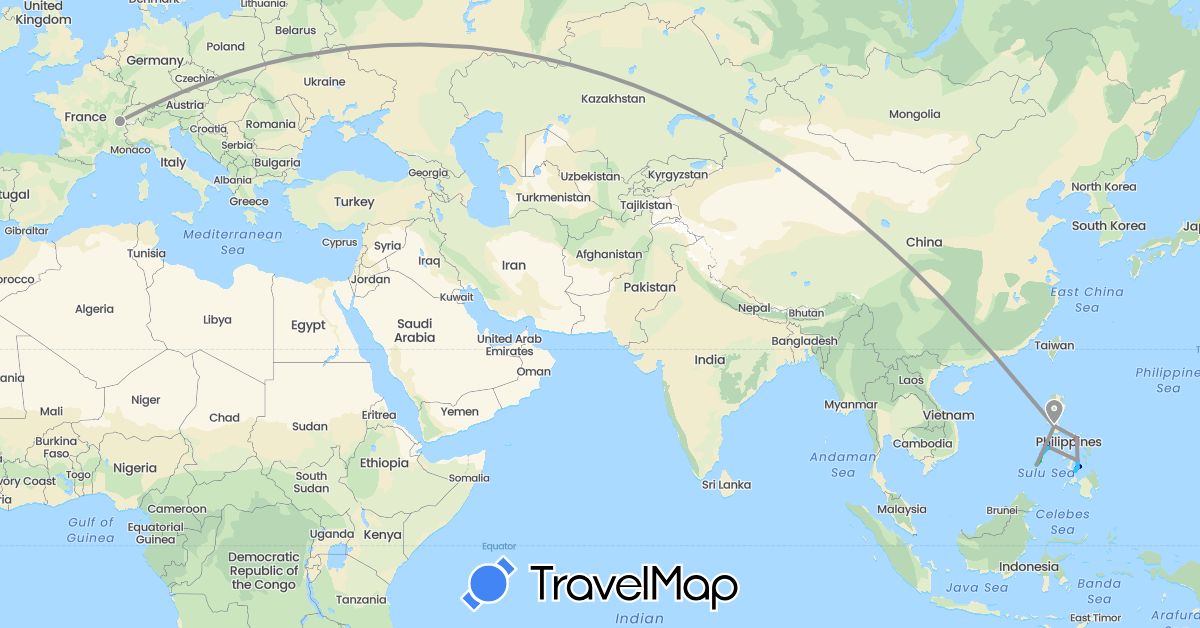 TravelMap itinerary: driving, bus, plane, hiking, boat, motorbike in Switzerland, Philippines (Asia, Europe)